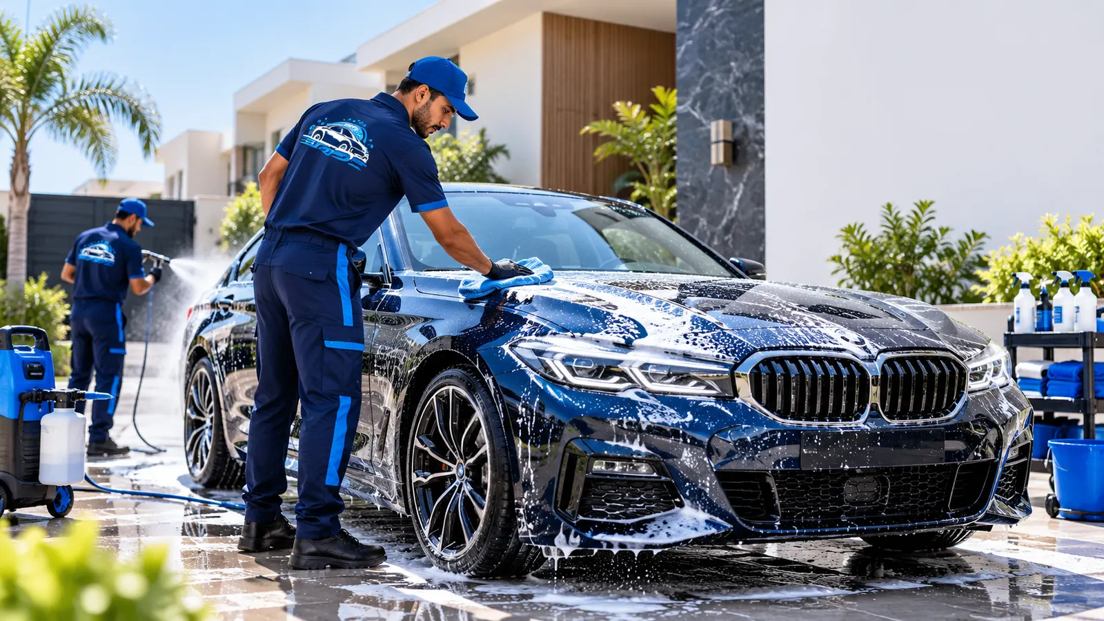 Laveurs DarbWashPro nettoyant une berline devant une villa à Casablanca
